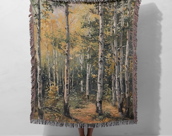 Forest Woven Blanket Aspen Tree Mountain Housewarming Gift Boho Decor Dark Cottagecore Forest Throw Forestcore Picnic Blanket Mountain Decor