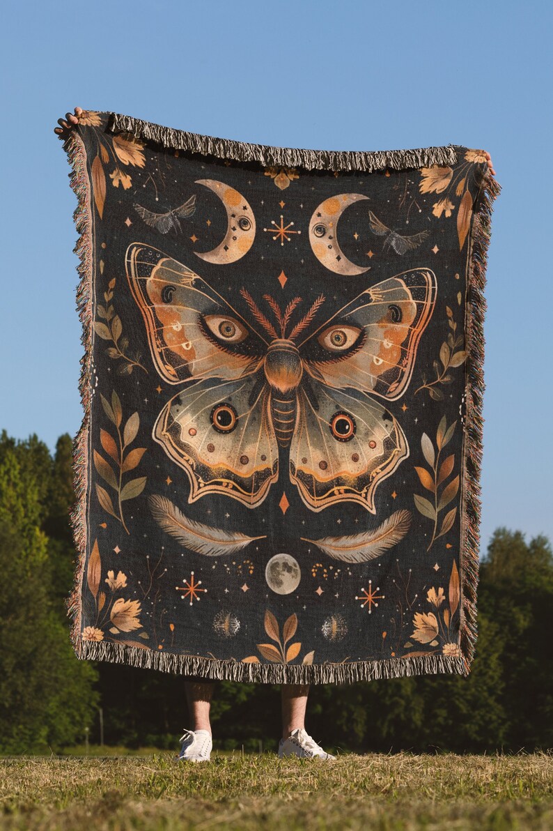 Celestial Throw Cottagecore Decor Magical Moth Dark Academia Mystical Blanket Witchy Gifts For Her Butterfly Lover Woven Throw Blanket