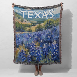 Texas Housewarming Gift Bluebonnets Flower Throw Personalized Name Blanket Woven Cotton Throw Floral Tapestry Southern Decor Cute Texan Gift