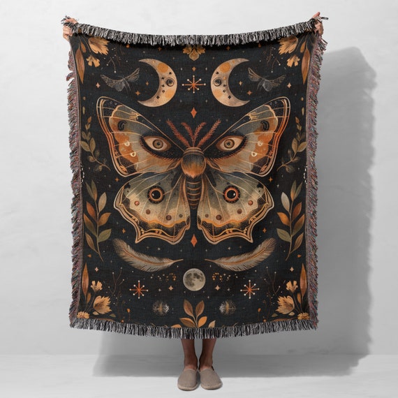 Celestial Throw Cottagecore Decor Magical Moth Dark Academia Mystical Blanket Witchy Gifts For Her Butterfly Lover Woven Throw Blanket
