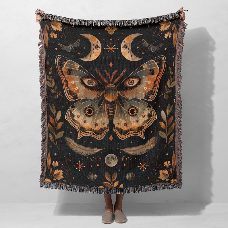 Celestial Throw Cottagecore Decor Magical Moth Dark Academia Mystical Blanket Witchy Gifts For Her Butterfly Lover Woven Throw Blanket