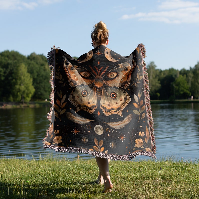 Celestial Throw Cottagecore Decor Magical Moth Dark Academia Mystical Blanket Witchy Gifts For Her Butterfly Lover Woven Throw Blanket