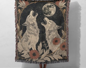 Wolf Throw Blanket Howling Wolves Art Nouveau Decor Woodland Wolves Moody Accents Nature Lover Moon And Stars Wolf Lover Bedding