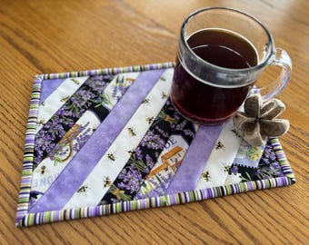Handmade Quilted Mug Rug, Honey Bees and Lavender Fields,  Gift for Hostess, Coffee Lover, Teacher, Candle Mat, Snack Mat, Gift Basket Item