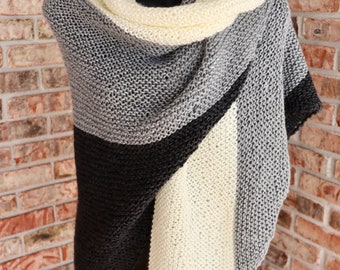 Handmade knit Ladies Shawl, Wrap in Black and Creams, Elegant Christmas Gift for the Lady on Your List, Triangular Premium Soft Knit