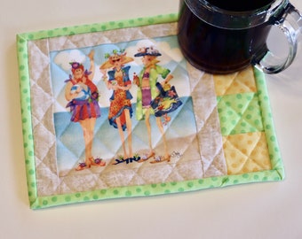 Cute Quilted Mug Rug, Old Ladies Having Fun on the Beach, Mini Placemat, Mother's Day, Coffee, Tea Lover's, Hostess or Bridal Shower Gift
