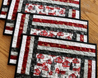 Handmade Quilted Christmas Placemats, Table Linens, Set of 4, Kitchen Decor, Table Topper, Winter Cabin & Snow, Trees and Snowflakes