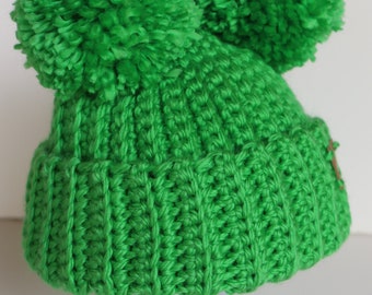 Handmade Crochet Hat with Pom Poms for Toddler/Child 1-3 year Green, Teddy Bear Hat, Chunky Knit Yarn, Hat with 2 Pom Poms, Winter Hat, Gift