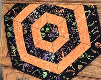 Handmade Halloween Quilted Table Topper, Centrepiece, Spooky Skull & Orange Decoration for Table