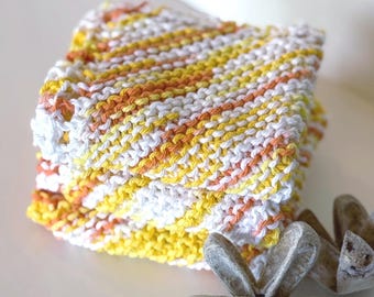 Handmade Knit Cotton Dish Cloths, Set of 3, Bright Sunshine Yellow/Creamsicle Colours, Gift for Bridal Shower, Hostess, Teacher or Retiree