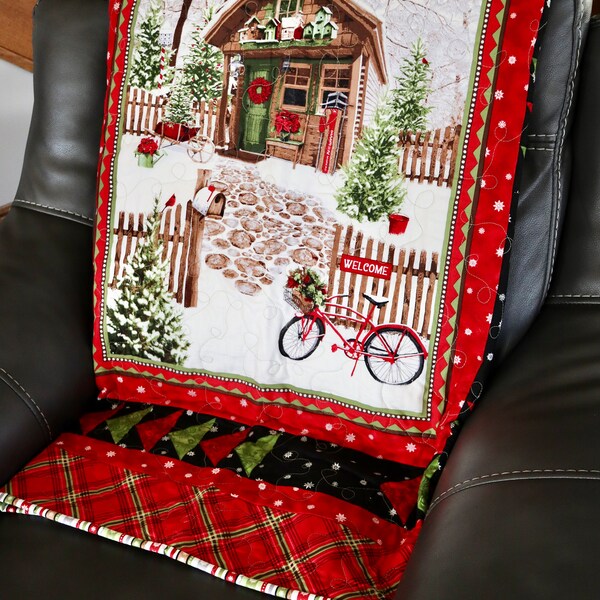 Handmade Quilted Winter Wall Hanging/Blanket for Christmas 42" x 54" Traditional Christmas Red, Green and Plaid of a Cabin in the Forest