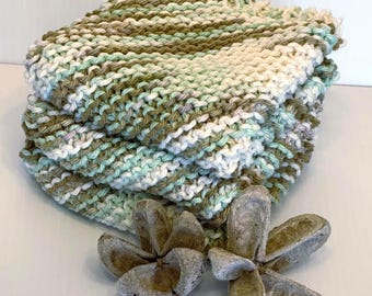 Handmade Knit Cotton Dishcloths, Set of 3 Kitchen Cloths, Linens, Farmhouse Accessories, Hostess, Teacher, Gift Basket Item