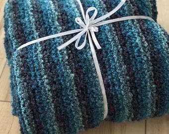 Handmade Knit Blanket, Throw, Sofa Blanket, Afghan, Striped Cover, Shades of Blue, Boho Fringe