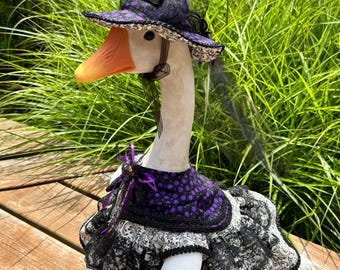 Handmade Halloween Witch Outfit for 23" Porch Goose, Black, White & Purple Goose Clothes, Halloween Porch Decor, Goose Costume
