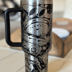 Gearhead Seamless Wrap Laser Engraved on a Stainless Steel 40oz/30oz Tumbler or 30oz Flip Top Water Bottle. Great Gift.