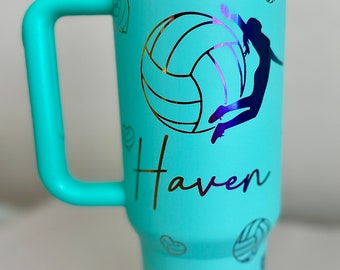 Volleyball Theme Laser Engraved on a 40oz/30oz Tumbler or 30oz Flip Top Water Bottle. Personalized for FREE. Great Gift.