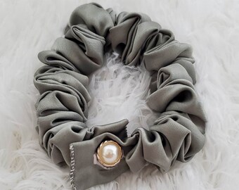 Detachable Sage Silk Charmeuse Scrunchie with Gold Trim and White Pearl Button