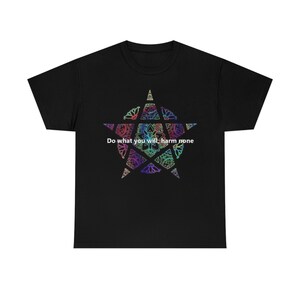 May include: Black t-shirt with a rainbow pentagram and the text "Do what you will, harm none".