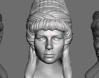 May include: A 3D printed bust of a woman with a detailed hairstyle. The bust is shown from three different angles, front, left, and right.