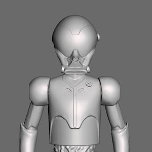 May include: A gray, humanoid robot with a helmet and a detailed design. The robot has a circular design on its chest and a belt with a pattern around its waist.