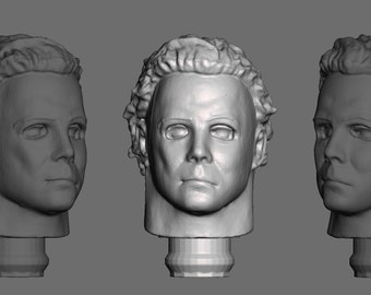 May include: Three different views of a white plastic head sculpt of a man wearing a mask. The mask is white and has a realistic face with a furrowed brow and a neutral expression. The head is attached to a short, cylindrical base.