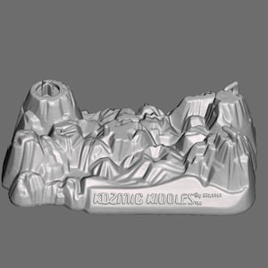 May include: Three gray plastic molds for making chocolate. The molds are shaped like a mountain range, a spaceship, and a dragon. The mountain range mold has the words "Nordic Chocolates" printed on it.