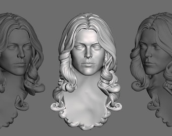 May include: A 3D printed bust of a woman with long, curly hair. The bust is sculpted in a realistic style and shows the woman's face and neck.