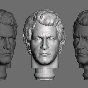 May include: A 3D-rendered model of a male head, displayed in three different angles. The head has detailed facial features, including a furrowed brow and wavy hair. The model is a neutral gray color, set against a gray background.
