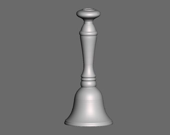 May include: A silver bell with a wooden handle. The bell has a rounded shape and a smooth surface. The handle is cylindrical and has a slightly flared top.