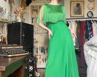 Vintage 70s Miss Elliette Fringe Kelly Green Maxi Dress