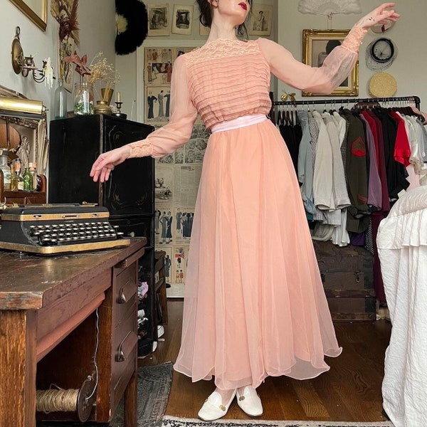 Vintage 60s Chiffon Prairie Dress Miss Elliette California Peachy Pink