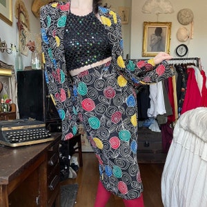Vintage 80s Silk Skirt Suit, Designer Raul Blanco 2 Piece Set, Retro Mod Avant Garde, Abstract Pattern 100% Silk Blazer Pencil Skirt