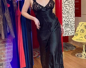 Vintage 70s 80s Nightgown Slip Dress, Designer Intimate Concepts by Terry Russo a Neiman Marcus Brand, Black Liquid Satin Gown Lace Bodice