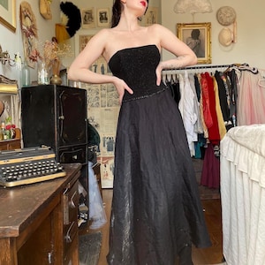 Vintage 90s Strapless Glitter Gown, Sparkle Bustier, Black Metallic Lurex Beaded Evening Gown, Scott McClintock  Prom Formal Dress