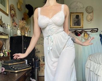 Vintage 40s Nightgown Slip Dress by Rogers, 1940s 1950s Embroidered Midi Dress, Vtg Antique Nightgown, Bridal Lingerie