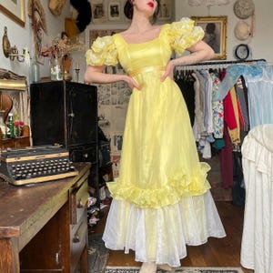Vintage 70s 80s Princess Gown Prom Dress, Yellow Organza Chiffon Ballgown, Belle Cosplay Costume, 1970 1980s Prairie Maxi Dress, Puff Sleeve