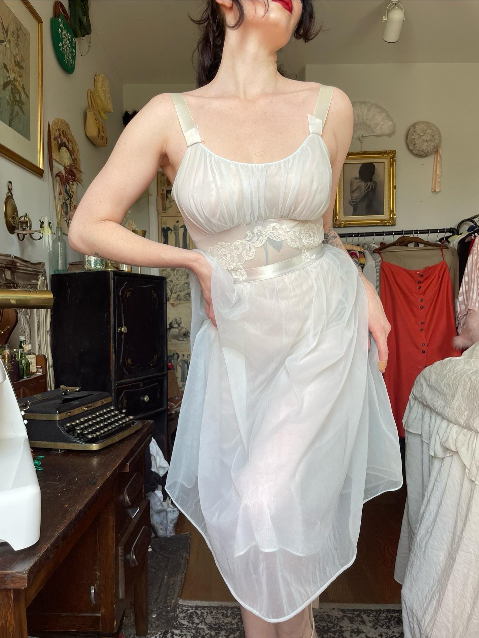Vintage 40s 50s Nightgown Peignoir, 1950s Chiffon Milkmaid Embroidered Midi Dress Loungewear, Bridal Lingerie, Something Blue, Babydoll