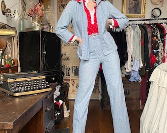 Vintage 70s Denim 4 Piece Suit Set, Chambray Denim Pantsuit, Cherry Red Collar Shirt, A Line Midi Skirt, Denim Shirt Jacket, 1970s Western