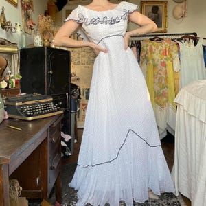 Vintage 70s Western Prairie Maxi Dress, Polka Dot Ruffle Gown Dramatic Sweep, 1970s Empire Waist Formal Dress, Vtg Prom Wedding Summer Gown