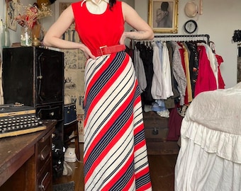Spódnica maxi vintage z lat 70., zestaw 3 części, zestaw koordynowany retro mod, garnitur ze spódnicą z lat 70., spódnica maxi w paski