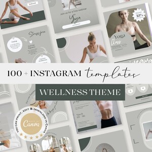 Può includere: Una collezione di oltre 100 modelli Instagram per un tema di benessere. I modelli presentano una varietà di design con un'estetica minimalista, tra cui cerchi, archi e forme geometriche in tonalità di grigio e verde. Il testo "100+ modelli INSTAGRAM" e "TEMA BENESSERE" è visualizzato in grassetto, in bianco. I modelli sono realizzati in Canva e possono essere stampati, modificati e scaricati.
