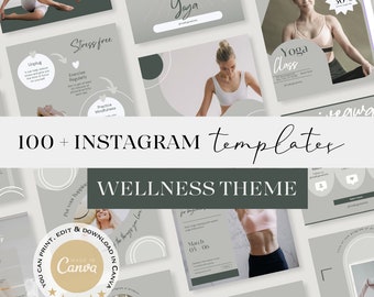 Instagram social media templates bundle wellness theme 100+ posts & stories, health and well being theme, fitness theme, yoga theme