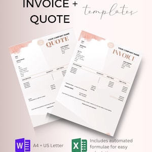 Könnte beinhalten: Zwei druckbare Rechnungs- und Angebotsvorlagen mit einem Aquarellhintergrund. Die Vorlagen sind für die Verwendung mit Microsoft Word und Excel konzipiert. Die Vorlagen enthalten automatisierte Formeln für einfache Berechnungen.