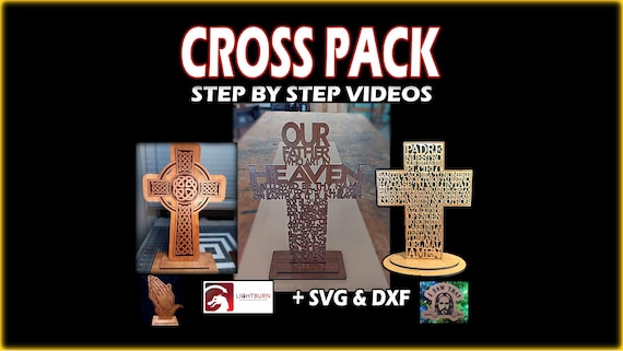 Lightburn Ready Cross Pack - Lords Prayer, Celtic, Spanish (For Laser Engravers) .lbrn2, SVG, DXF