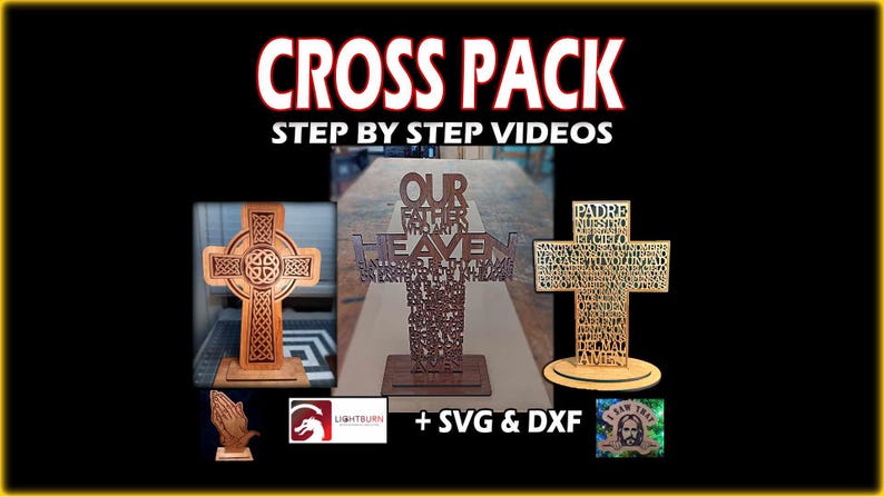 May include: Image features three wooden crosses with intricate designs. The text "CROSS PACK" and "STEP BY STEP VIDEOS" is displayed at the top. One cross has Celtic knotwork, another features the Lord's Prayer, and the third has the text "PADRE".