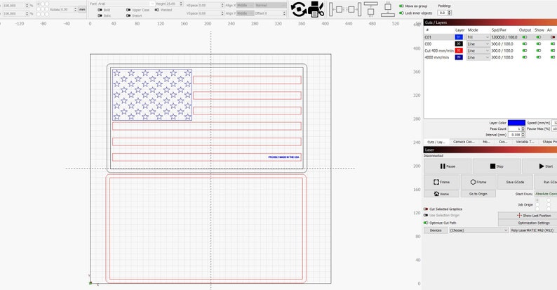 May include: A digital design of the American flag with red and white stripes and blue stars. The design is ready to be cut out on a laser cutter.
