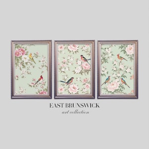 Chinoiserie Wall Art, Light Green Vintage Chinoiserie Print, Blue Birds Wildflowers Poster, Housewarming Gift For Her, Triptych Wall Art