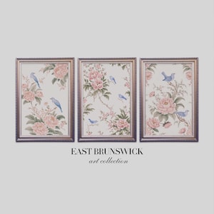 Rosa Chinoiserie Wandkunst, Rosa Vintage Chinoiserie Druck, Blaue Vögel Wildblumen Poster, Housewarming Geschenk für Sie, Triptychon Wandkunst Set