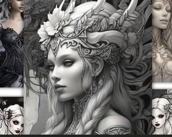 Gothic Fairy Coloring Pages for Adults, Grayscale Printable PDF, Instant Download, Adult Coloring Book