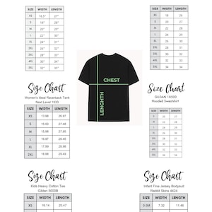Pu&ograve; includere: Tabella delle taglie per la T-shirt unisex Bella Canvas 3001, la felpa con collo a girocollo Gildan 18000, il top racerback da donna Next Level 1533, la felpa con cappuccio Gildan 18500, la T-shirt in cotone pesante per bambini Gildan 5000B e il body in jersey fine per neonati Rabbit Skins 4424. La tabella mostra le misure di larghezza e lunghezza per ogni taglia, da XS a 5XL.